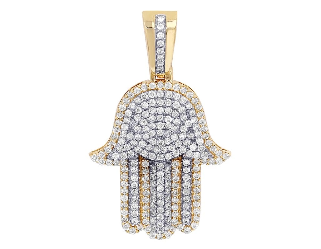 REAL HAMSA HAND DIAMOND PENDANT: Real Hamsa Hand Diamond Pendant Brand: None Type: Pendant Material: 10k Multi-Tone Gold, Main Stone/Creation Natural Color: Multi-Tone Size: Dimension 1.5" x 1" Accessories: None Accessori