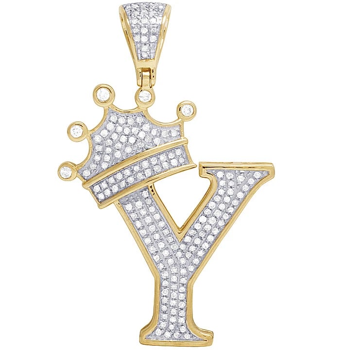 10K YELLOW GOLD REAL DIAMOND TILTED CROWN INITIAL "Y" PENDANT: 10K Yellow Gold Real Diamond Tilted Crown Initial "Y" Pendant Brand: None Type: Pendant Material: 10k Yellow Gold, Main Stone/Creation Natural Color: Yellow Gold Size: Dimension 1.6 Accessories: