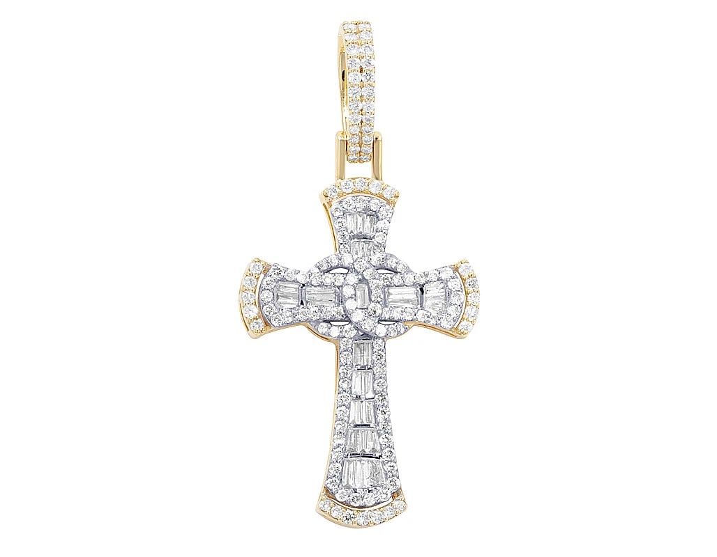 BAGUETTE REAL DIAMOND CROSS N RINGS PENDANT: Baguette Real Diamond Cross n Rings Pendant Brand: None Type: Pendant Material: 10k Yellow-White Gold, Main Stone/Creation Natural Color: Multi-Tone Size: Dimension L 1.8" , W 0.8" , H 0.2" 