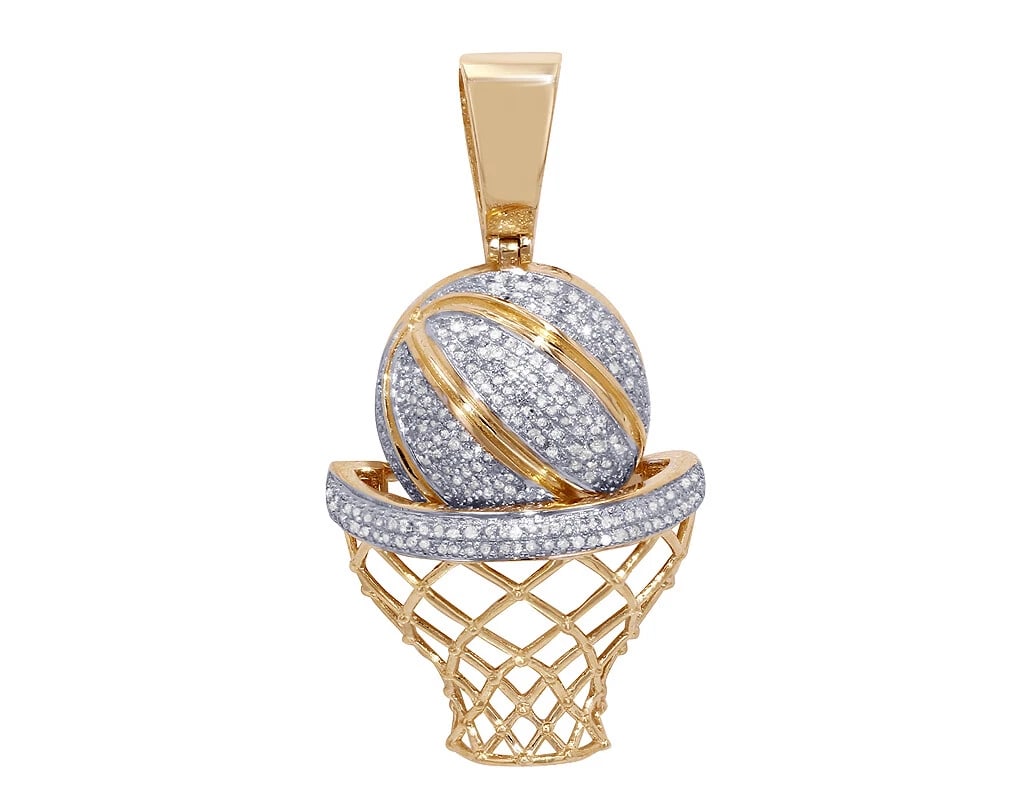 BASKETBALL WITH HOOP REAL DIAMOND PENDANT 10K YELLOW GOLD: Basketball with Hoop Real Diamond Pendant 10K Yellow Gold Brand: None Type: Pendant Material: 10k Yellow Gold, Main Stone/Creation Natural Color: Yellow Gold Size: Dimension 1.5" Accessories: Non