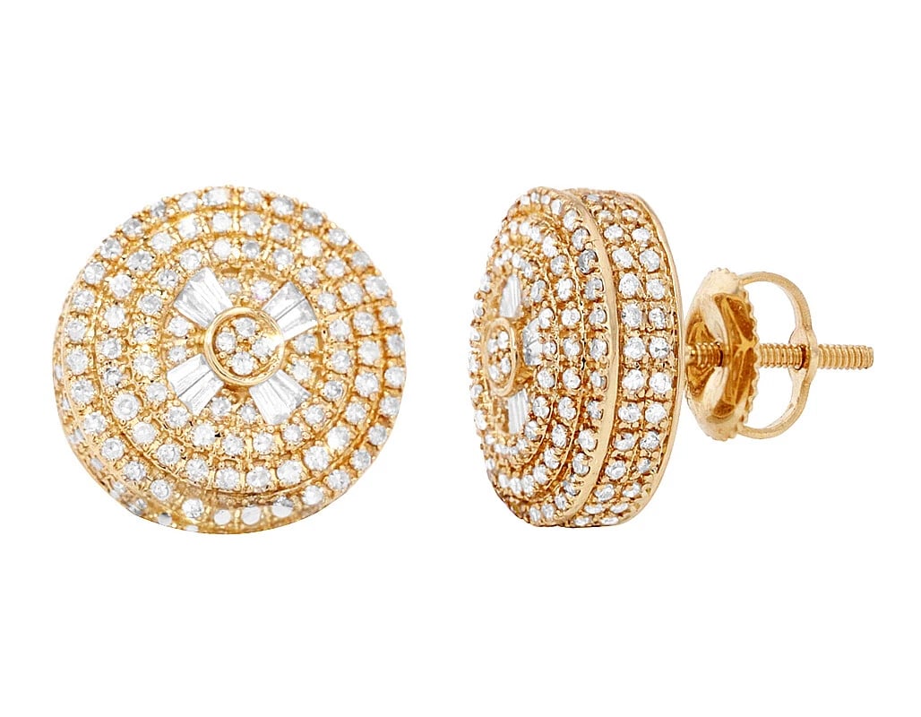 BAGUETTE FAN REAL DIAMOND DOME STUD EARRINGS: Baguette Fan Real Diamond Dome Stud Earrings Brand: None Type: Earrings Material: 10K Yellow Gold, Main Stone/Creation Natural Color: Yellow Gold Size: Dimension 12.5 mm Accessories: None