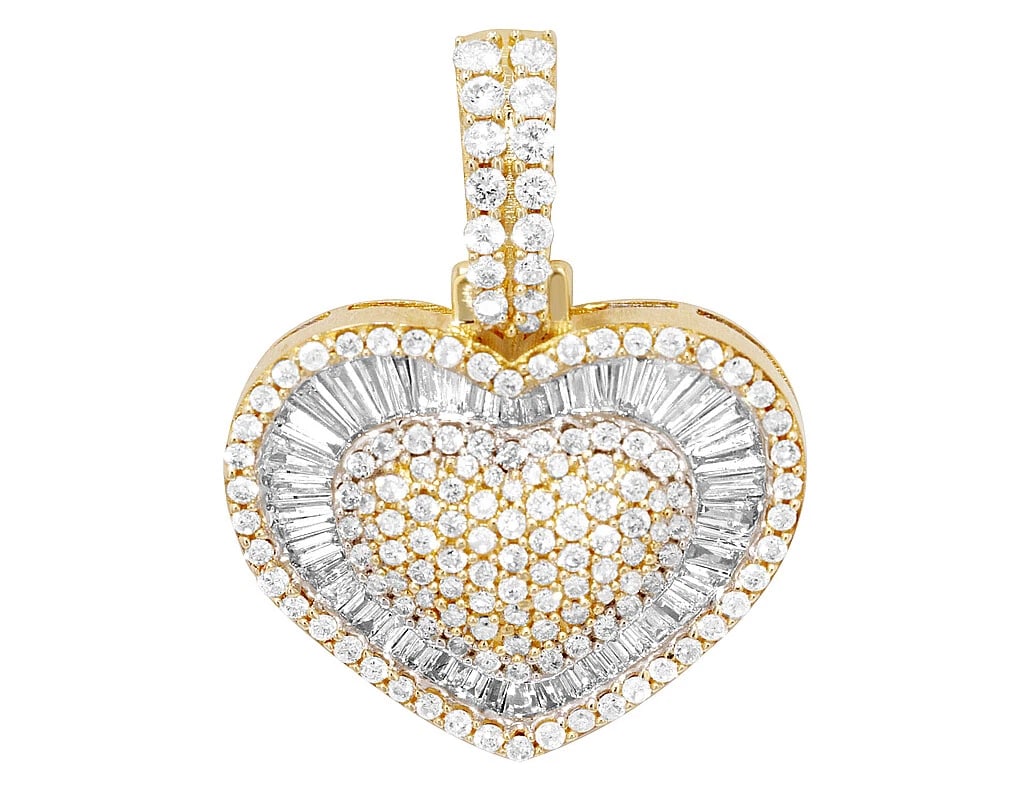 HEART-SHAPED BAGUETTE DIAMOND PENDANT GOLD: Heart-Shaped Baguette Diamond Pendant Gold Brand: None Type: Pendant Material: 10k Yellow Gold, Main Stone/Creation Natural Color: Yellow Gold Size: Dimension L 1.2" W 0.8" H 5.5mm Accessories: N
