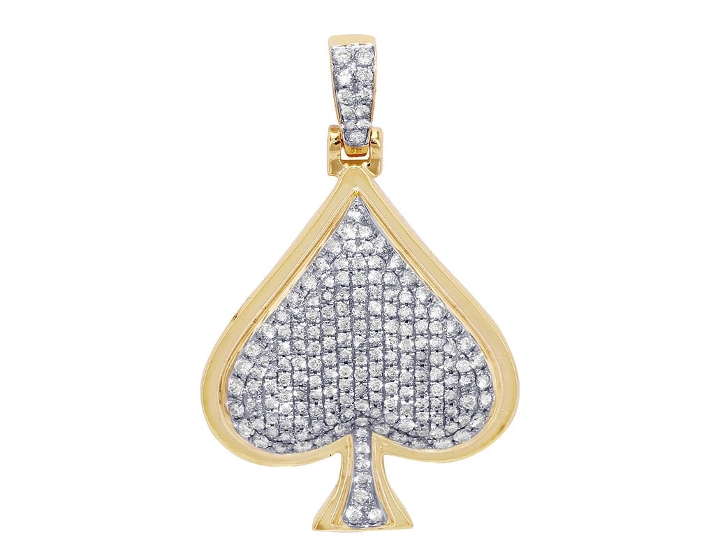 DIAMOND ACE SPADE PENDANT REAL DIAMOND: Diamond Ace Spade Pendant Real Diamond Brand: None Type: Pendant Material: 10k Yellow Gold, Main Stone/Creation Natural Color: Yellow Gold Size: Dimension 1.5" Accessories: None Accessorie
