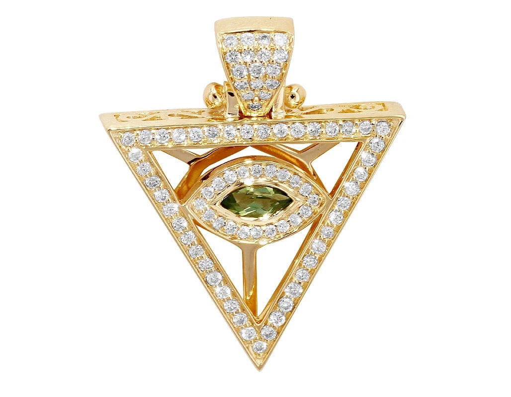 EVIL EYE TRIANGLE REAL DIAMOND PENDANT: Evil Eye Triangle Real Diamond Pendant Brand: None Type: Pendant Material: 10k Yellow Gold, Main Stone/Creation Natural Color: Yellow Gold Size: Dimension L 1.2" x W 1" Accessories: None