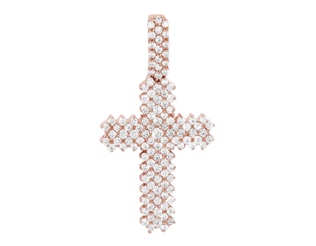 MODERN CROSS REAL DIAMOND PENDANT 14K ROSE GOLD: Modern Cross Real Diamond Pendant 14k Rose Gold Brand: None Type: Pendant Material: 14k Rose Gold, Main Stone/Creation Natural Color: Rose Gold Size: Dimension 2" x 1" Accessories: None