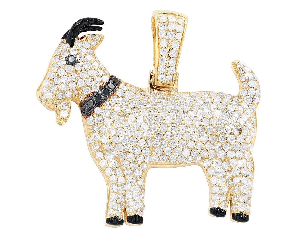 GOAT REAL DIAMOND CARTOON PENDANT 10K YELLOW GOLD: Goat Real Diamond Cartoon Pendant 10K Yellow Gold Brand: None Type: Pendant Material: 10k Yellow Gold, Main Stone/Creation Natural Color: Yellow Gold Size: Dimension L 1.2" , W 1.2" , H 0.2" 