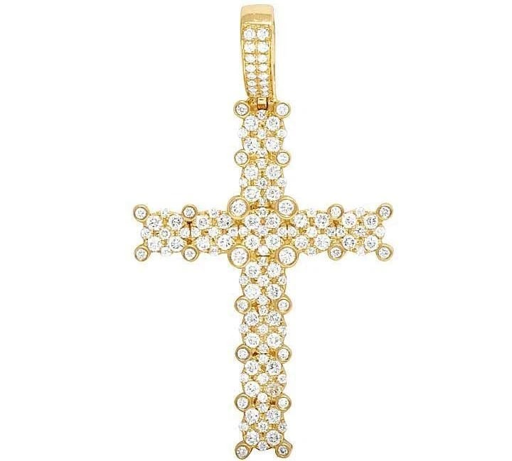 14K YELLOW GOLD GENUINE DIAMOND CLUSTER CROSS PENDANT: 14K Yellow Gold Genuine Diamond Cluster Cross Pendant Brand: None Type: Necklace Material: 14k Yellow Gold, Main Stone/Creation Natural Color: Yellow Gold Size: Dimension 2" Accessories: None
