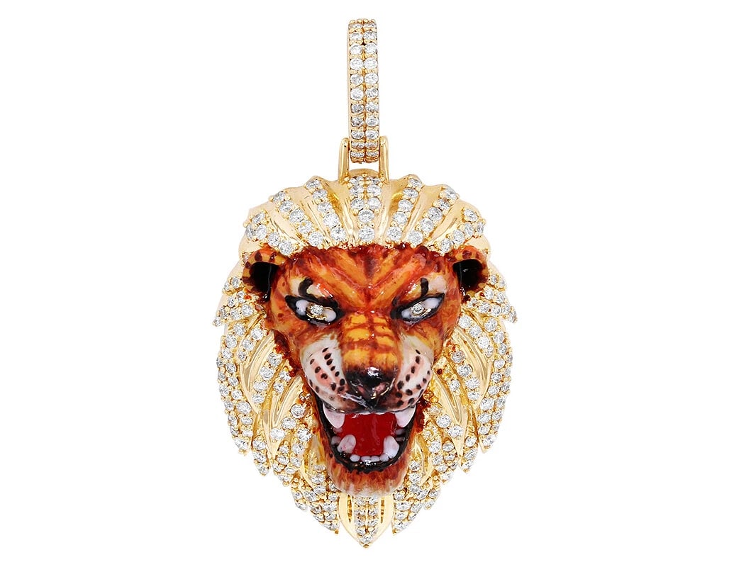 ENAMEL LION REAL DIAMOND PENDANT 10K YELLOW GOLD: Enamel Lion Real Diamond Pendant 10k Yellow Gold Brand: None Type: Pendant Material: 10k Yellow Gold, Main Stone/Creation Natural Color: Yellow Gold Size: Dimension 2" Accessories: None