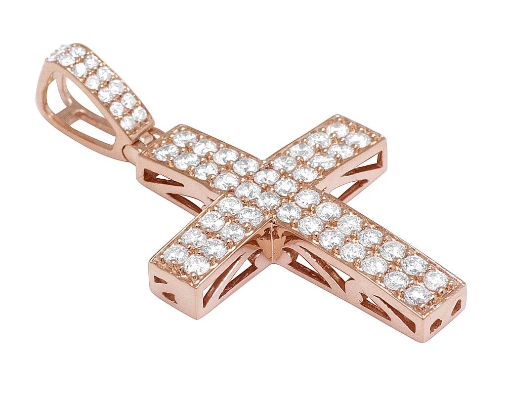 14K GOLD TWO ROWS REAL DIAMOND CROSS PENDANT: 14K Gold Two Rows Real Diamond Cross Pendant Brand: None Type: Pendant Material: 14k Rose Gold, Main Stone/Creation Natural Color: Rose Gold Size: Dimension 1.25" Accessories: None Accesso