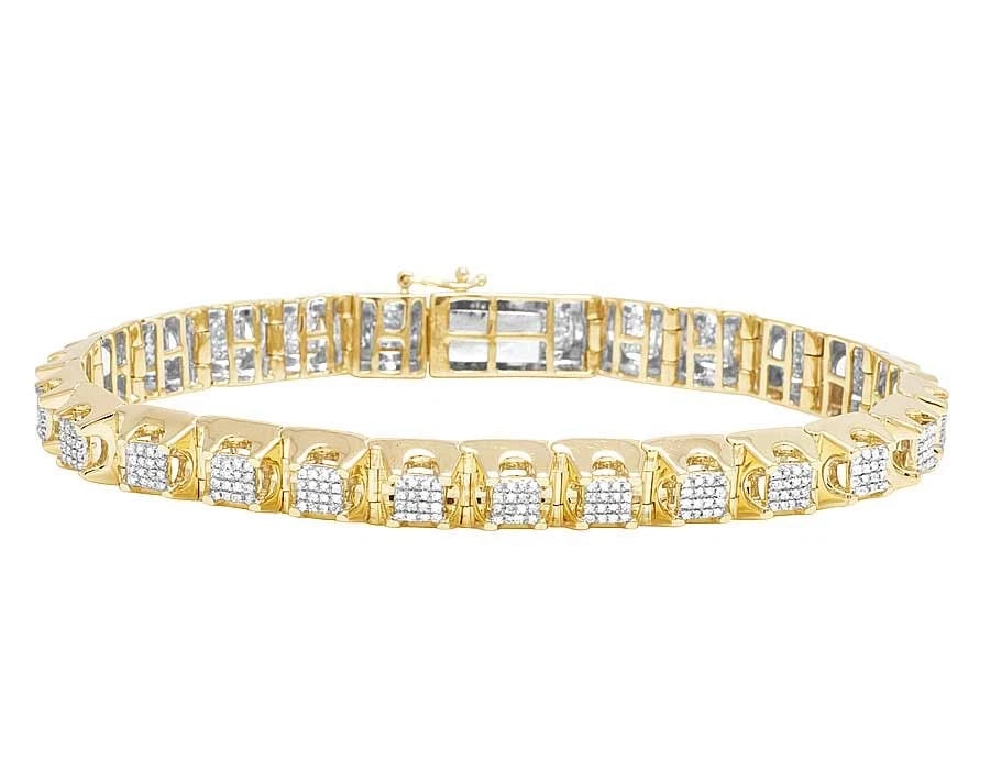10K YELLOW GOLD SQUARE CLUSTER GENUINE DIAMOND BRACELET: 10K Yellow Gold Square Cluster Genuine Diamond Bracelet Brand: None Type: Bracelet Material: 10k Yellow Gold, Main Stone/Creation Natural Color: Yellow Gold Size: Dimension 8.5" 9mm Width 9mm Leng