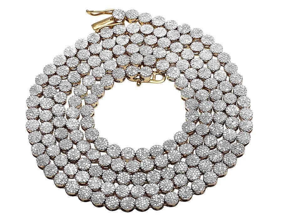 10K YELLOW GOLD PAVE REAL DIAMOND CLUSTER CHAIN NECKLACE: 10K Yellow Gold Pave Real Diamond Cluster Chain Necklace Brand: None Type: Necklace Material: 10k Yellow Gold, Main Stone/Creation Natural Color: Yellow Gold Size: Length 30" in Width 4mm Accesso
