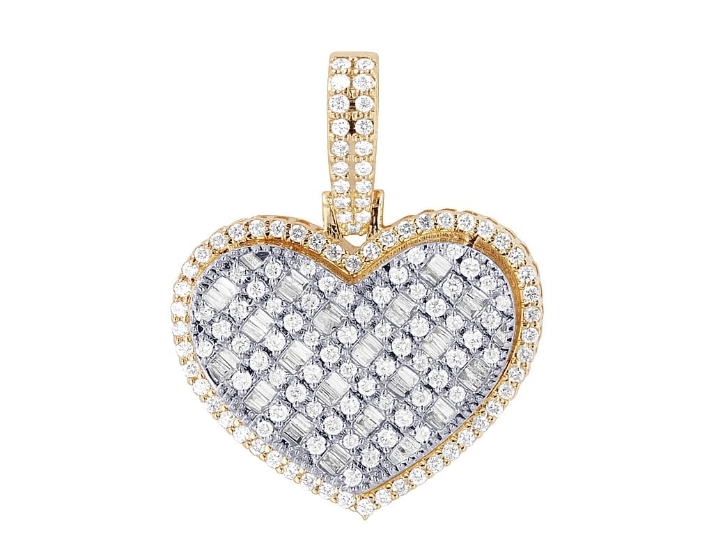 BAGUETTE 1 REAL DIAMOND 3D HEART PENDANT: Baguette 1 Real Diamond 3D Heart Pendant Brand: None Type: Pendant Material: 10k Yellow-White Gold, Main Stone/Creation Natural Color: Yellow-White Gold Size: Dimension L 1.1", W 0.9" Accessories