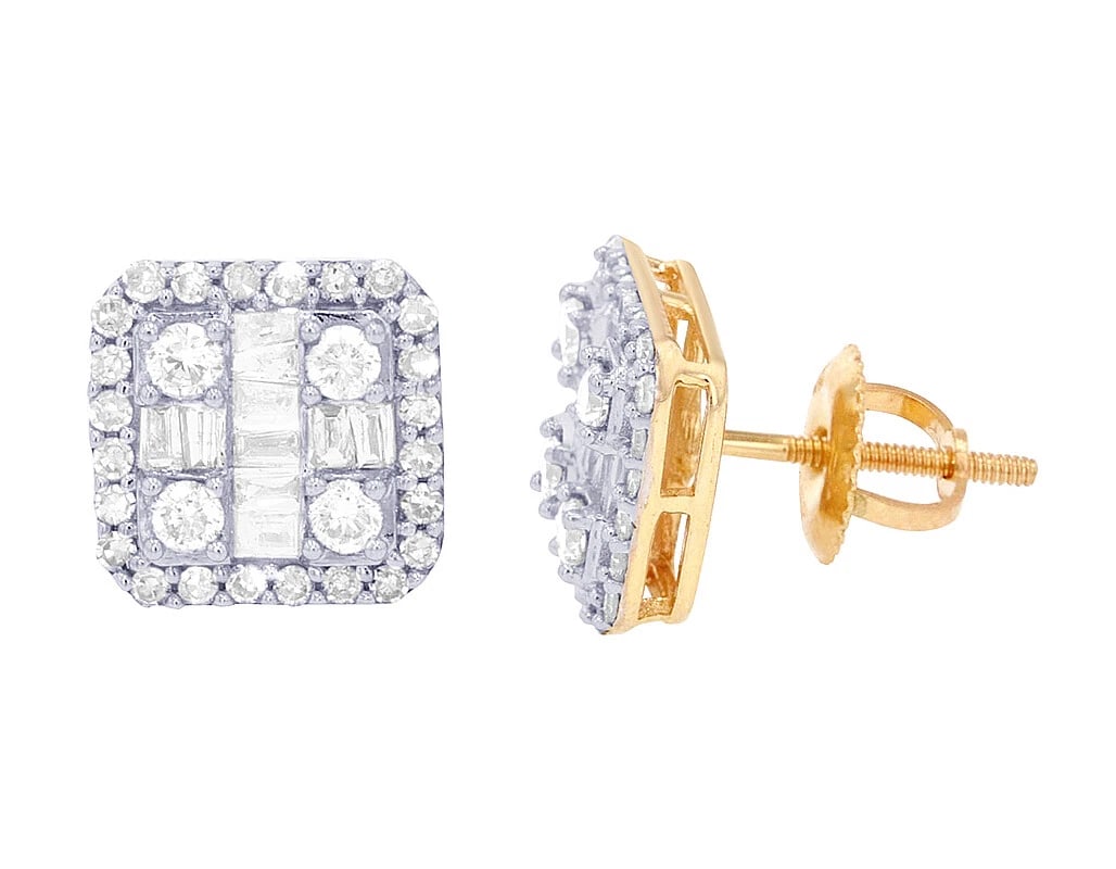 BAGUETTE REAL DIAMOND SQUARE STUD EARRINGS: Baguette Real Diamond Square Stud Earrings Brand: None Type: Earrings Material: 10K Yellow Gold, Main Stone/Creation Natural Color: Yellow Gold Size: Dimension 9.5mm x 9.5mm Accessories: None