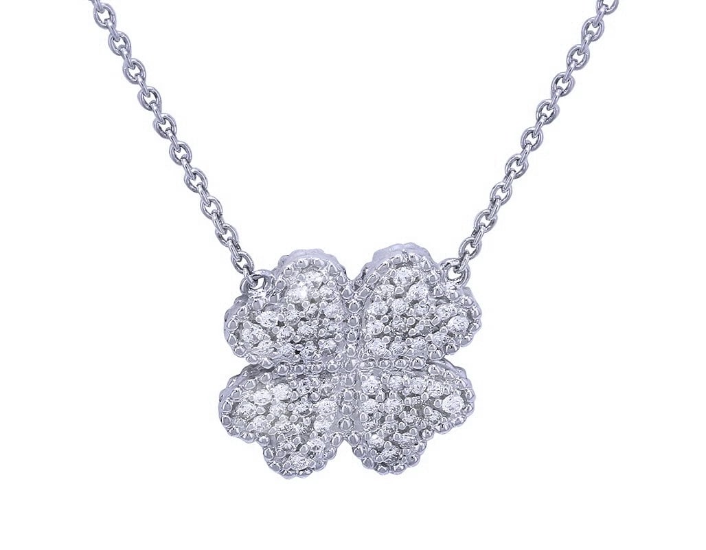HEART SHAPED CLOVER REAL DIAMOND PENDANT: Heart Shaped Clover Real Diamond Pendant Brand: None Type: Pendant Material: 10k White Gold, Main Stone/Creation Natural Color: White Gold Size: Dimension 0.6" Chain 18" Accessories: None