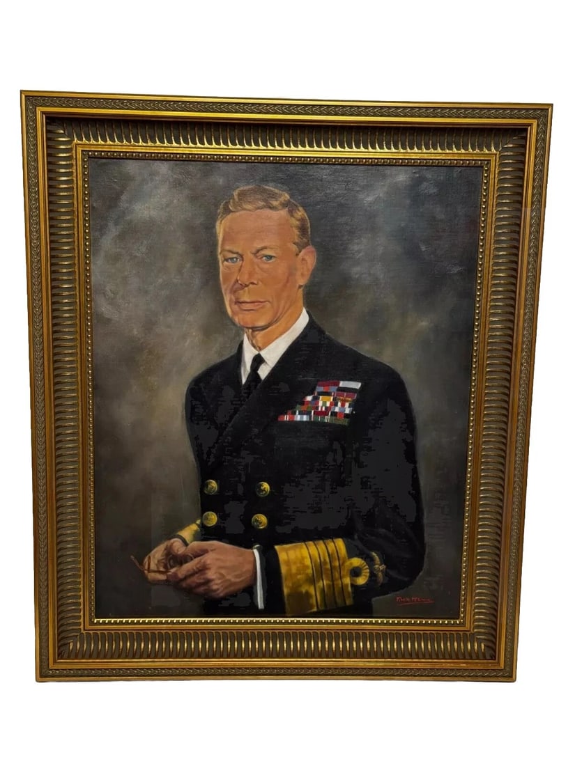 HISTORIC ROYAL PORTRAIT OF KING GEORGE VI IN NAVAL UNIFORM OIL PAINTING: Historic Royal Portrait of King George VI in Naval Uniform Oil Painting Year of Production: 1950 Type: Painting Time Period Produced: 1950-1959 Material: Oil on board Production Technique: Oil Pai