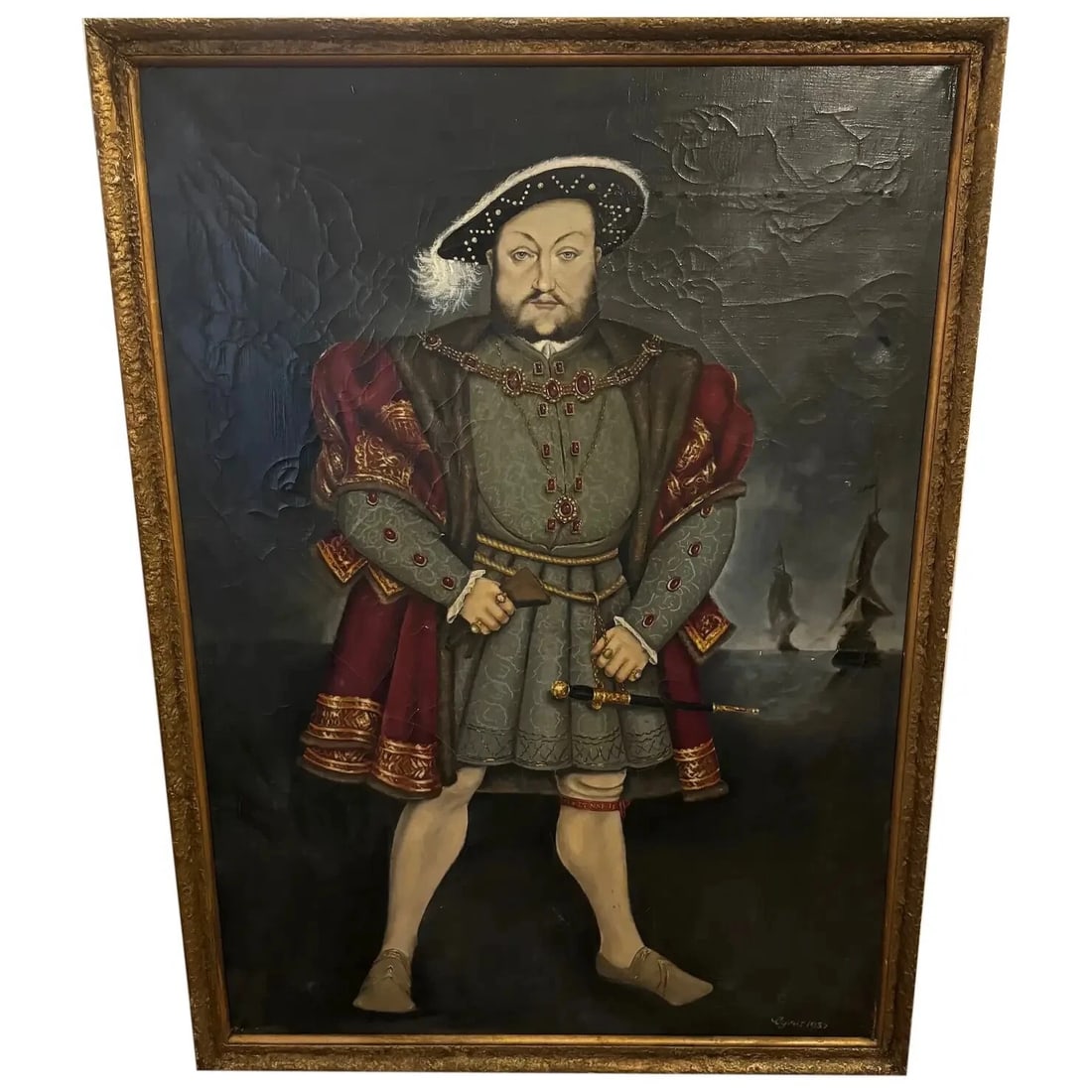 HUGE OIL PAINTING PORTRAIT TUDOR MONARCH KING HENRY VIII: Huge Oil Painting Portrait Tudor Monarch King Henry VIII Year of Production: 1935 Type: Painting Time Period Produced: 1925-1949 Material: Canvas Production Technique: Oil Painting Size : Item Le