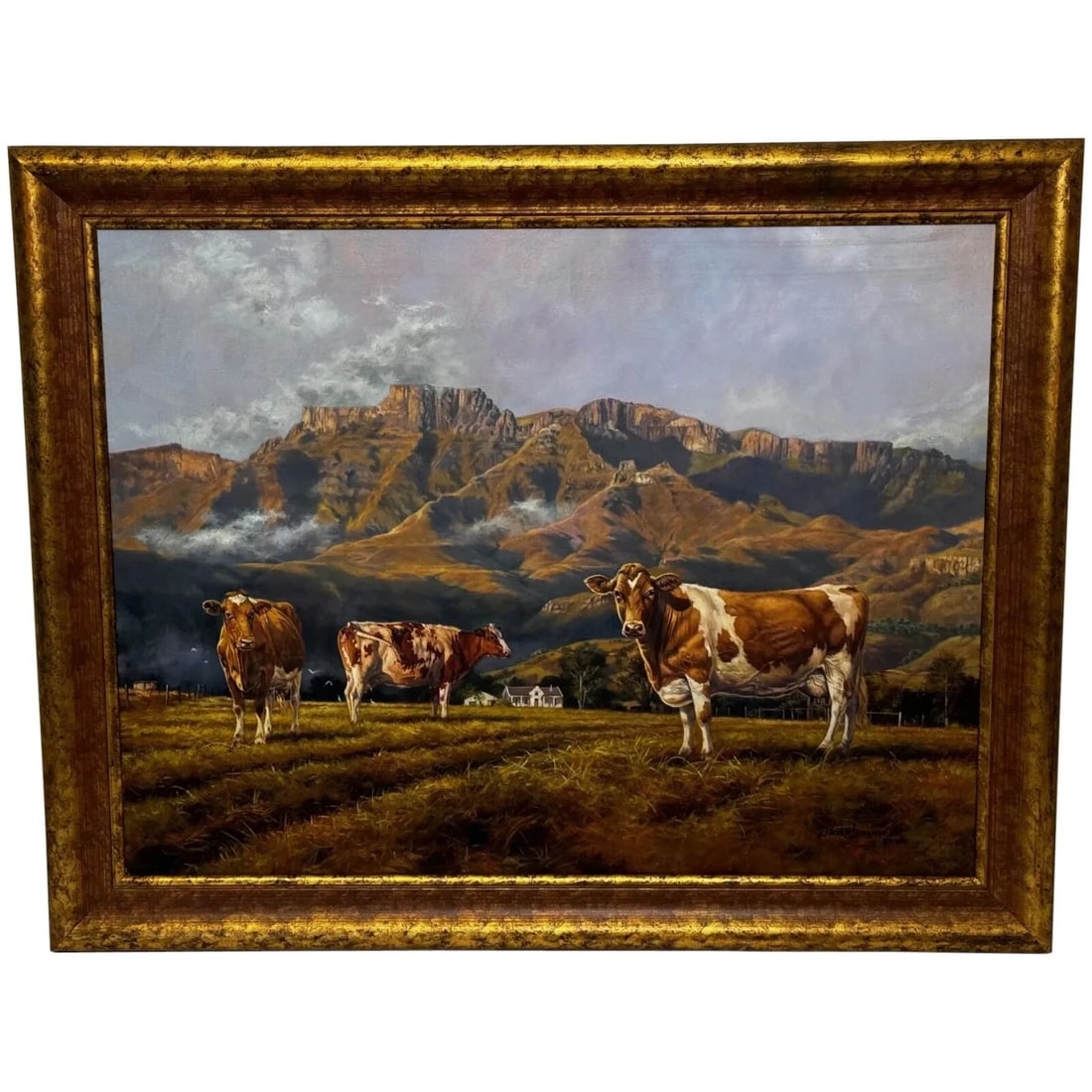 STUNNING AFRICAN NKONE CATTLE IN LANDSCAPE OIL PAINTING: Stunning African Nkone Cattle In Landscape Oil Painting Year of Production: 2001 Type: Painting Time Period Produced: 2000-2009 Material: Canvas Production Technique: Oil Painting Size : Item Len