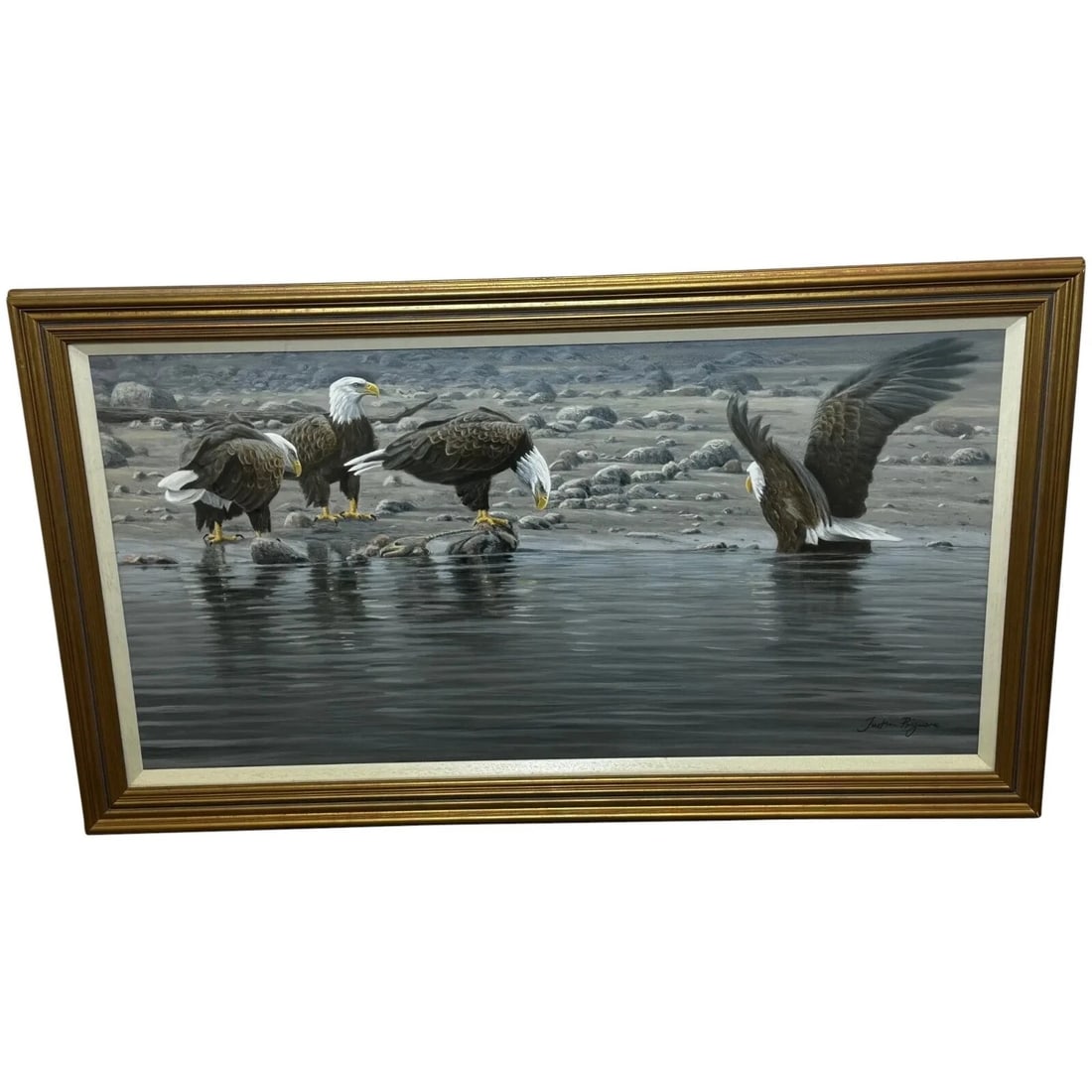 LARGE PAINTING NORTH AMERICAN BALD EAGLES GATHERING FISHING: Large Painting North American Bald Eagles Gathering Fishing Year of Production: Type: Painting Time Period Produced: 2000-2009 Material: Acrylic Production Technique: Acrylic Painting Size : Item