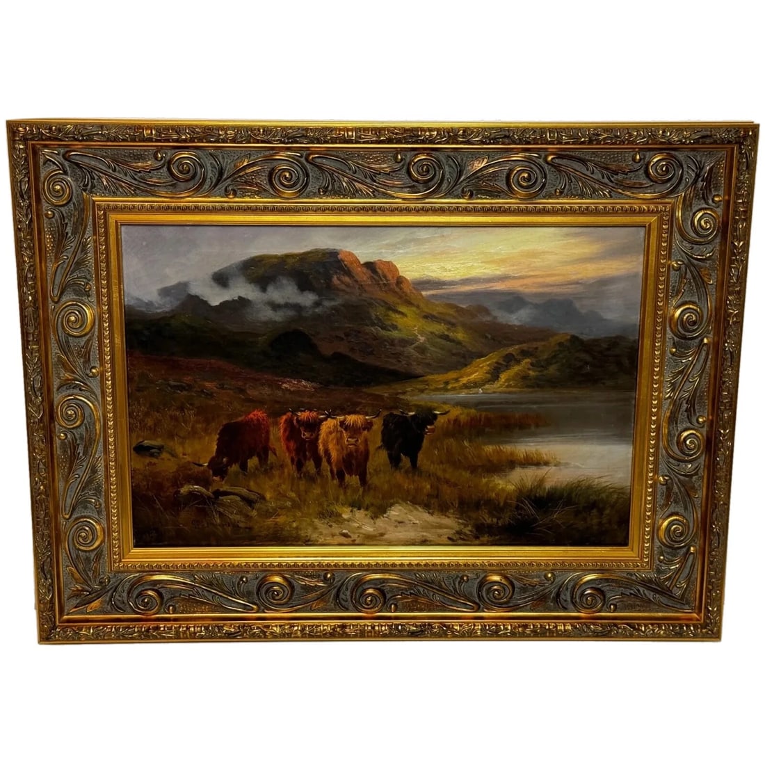 OIL PAINTING LONGHORN CATTLE WEST SCOTTISH HIGHLANDS: Oil Painting Longhorn Cattle West Scottish Highlands Year of Production: Late 19th century Type: Painting Time Period Produced: 1850-1899 Material: Canvas Production Technique: Oil Painting Size