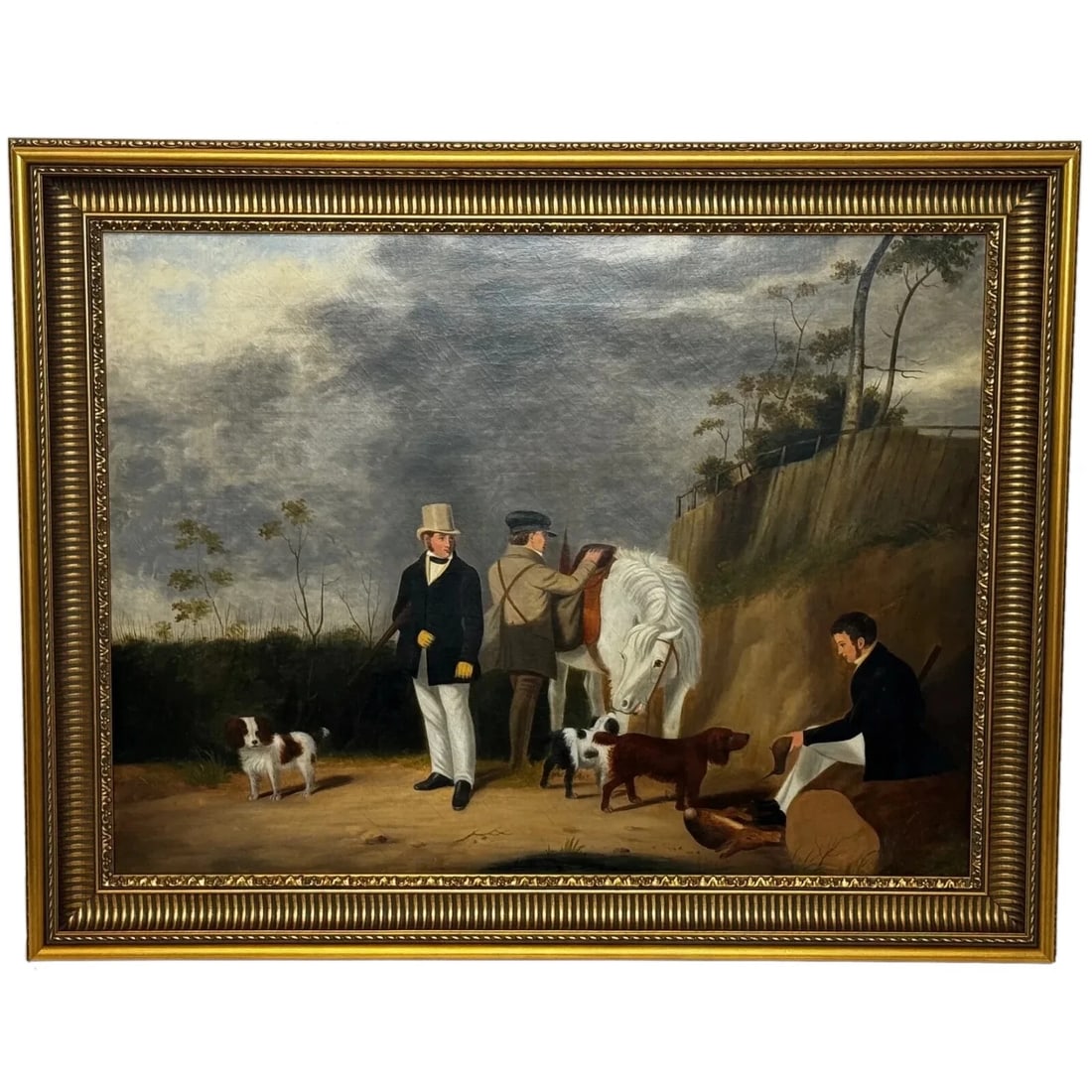 HUNTING PARTY OIL PAINTING SPANIEL POINTER DOGS LORD WITH PURDEY IN GREY TOP HAT: Hunting Party Oil Painting Spaniel Pointer Dogs Lord With Purdey In Grey Top Hat Year of Production: 1845 Type: Painting Time Period Produced: 1800-1849 Material: Canvas Production Technique: Oil