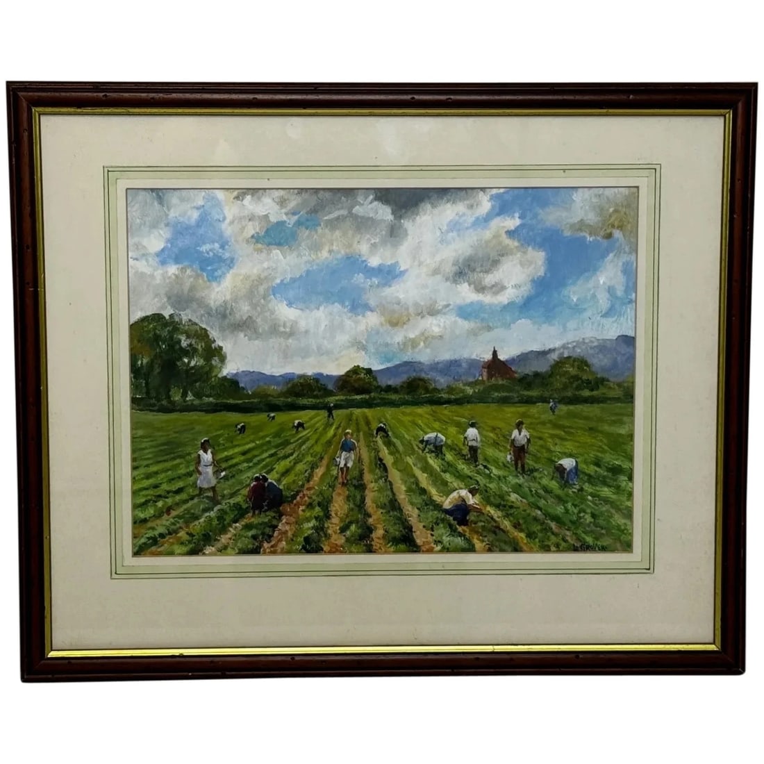 IMPRESSIONIST OIL PAINTING STRAWBERRY PICKERS AT SOUTH DOWNS BRITISH SUMMER: Impressionist Oil Painting Strawberry Pickers At South Downs British Summer Year of Production: Type: Painting Time Period Produced: 1980-1989 Material: Production Technique: Oil Painting Size :