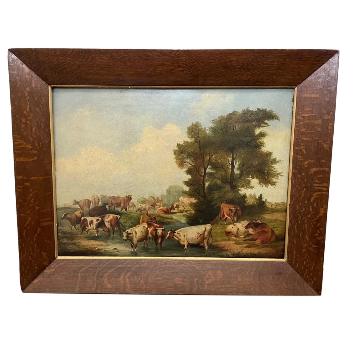MAJESTIC GEORGIAN PASTORAL OIL PAINTING CATTLE WATERING AFTER PAULUS POTTER: Majestic Georgian Pastoral Oil Painting Cattle Watering After Paulus Potter Year of Production: Georgian era Type: Painting Time Period Produced: 1750-1799 Material: Canvas, oil Production Techniq