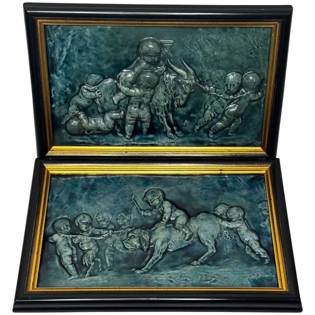 ARTS & CRAFTS CHILDREN SATYR DOG & GOAT TILE PLAQUES REGINALD ROBERT TOMLINSON: Arts & Crafts Children Satyr Dog & Goat Tile Plaques Reginald Robert Tomlinson Year of Production: Year Manufactured 1909 Type: Tile Plaques Time Period Produced: Material: Ceramic Production Tech