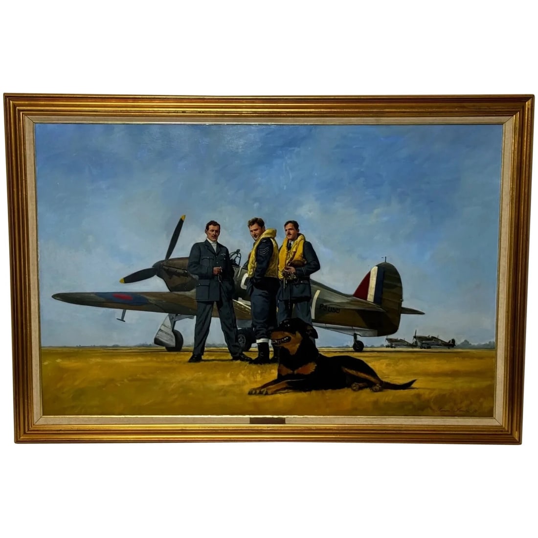 LARGE OIL PAINTING BATTLE OF BRITAIN RAF PILOTS READY FOR TAKEOFF BIGGIN HILL: Large Oil Painting Battle Of Britain RAF Pilots Ready For Takeoff Biggin Hill Year of Production: 1996 Type: Painting Time Period Produced: 1990-1999 Material: Canvas Production Technique: Oil Pai