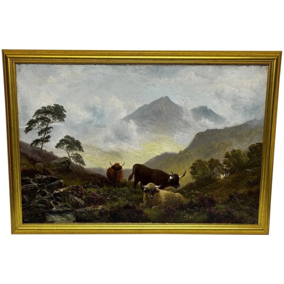 PAINTING BEN LAWERS FIRST LIGHT MORNING MIST HIGHLAND CATTLE OIL PAINTING (1 of 12)
