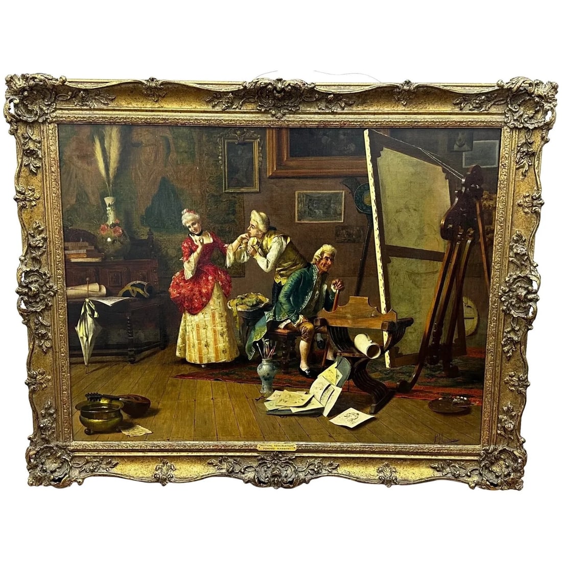 19TH CENTURY ITALIAN GENRE MUTUAL ADMIRATION OIL PAINTING: 19th Century Italian Genre Mutual Admiration Oil Painting Year of Production: Type: Painting Time Period Produced: 1850-1899 Material: Canvas Production Technique: Oil Painting Size : Item Length