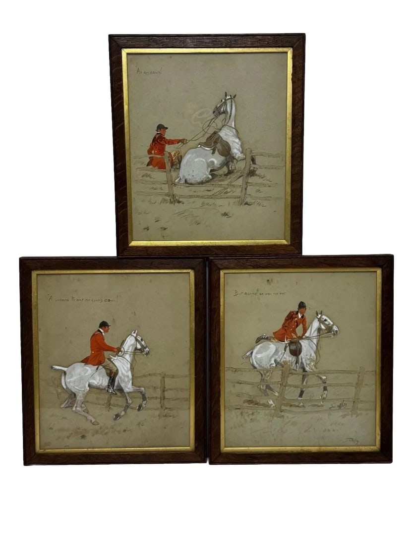 SET 3 HISTORIC ENGLISH HUNTING PAINTINGS: Set 3 Historic English Hunting Paintings Year of Production: 1920 Type: Painting Time Period Produced: 1900-1924 Material: Watercolour Production Technique: Watercolour Painting Size : Item Lengt