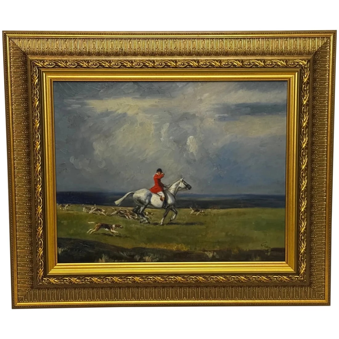 GREY HORSE LEAD HUNTSMAN CHARGE SCENT HOUNDS OIL PAINTING (1 of 12)