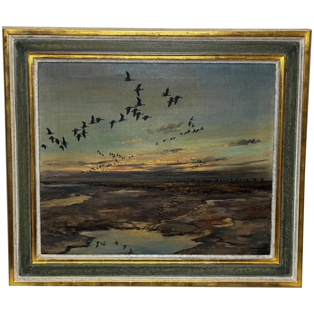 PAINTING SKEIN BRENT GEESE FLYING OVER MARSH OIL PAINTING: Painting Skein Brent Geese Flying Over Marsh Oil Painting Year of Production: 1954 Type: Painting Time Period Produced: 1950-1959 Material: Canvas Production Technique: Oil Painting Size : Item L