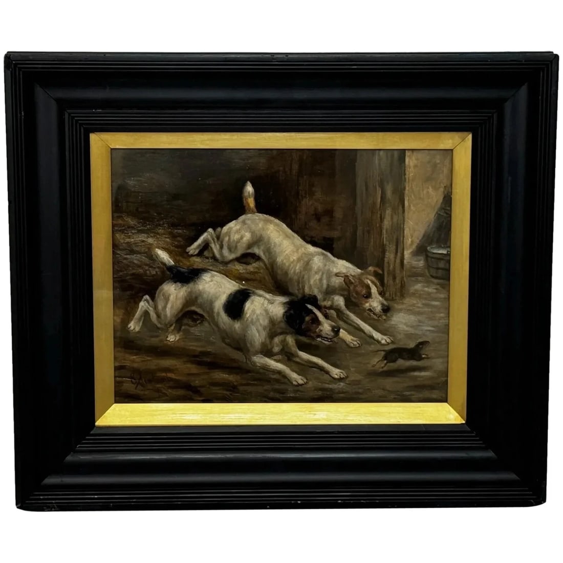 VICTORIAN HUNTING OIL PAINTING TWO JACK RUSSELL TERRIER DOGS: Victorian Hunting Oil Painting Two Jack Russell Terrier Dogs Year of Production: 1880 Type: Painting Time Period Produced: 1850-1899 Material: oil on board Production Technique: Oil Painting Size