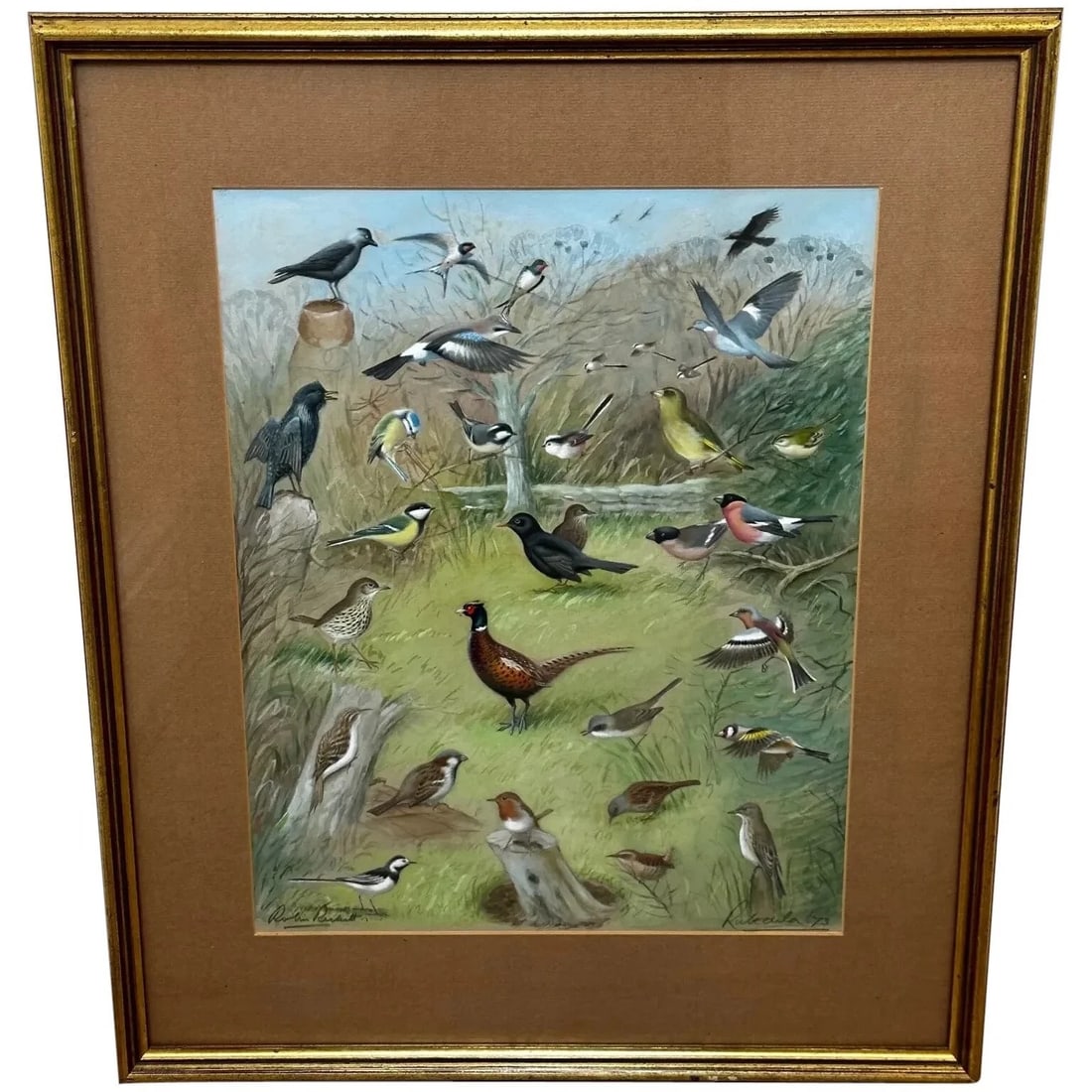 A WINTER GATHERING ROBIN & MIXED BRITISH SONGBIRDS WATERCOLOUR PAINTING: A Winter Gathering Robin & Mixed British Songbirds Watercolour Painting Year of Production: 1973 Type: Painting Time Period Produced: 1970-1979 Material: Paper, Watercolour Production Technique: W