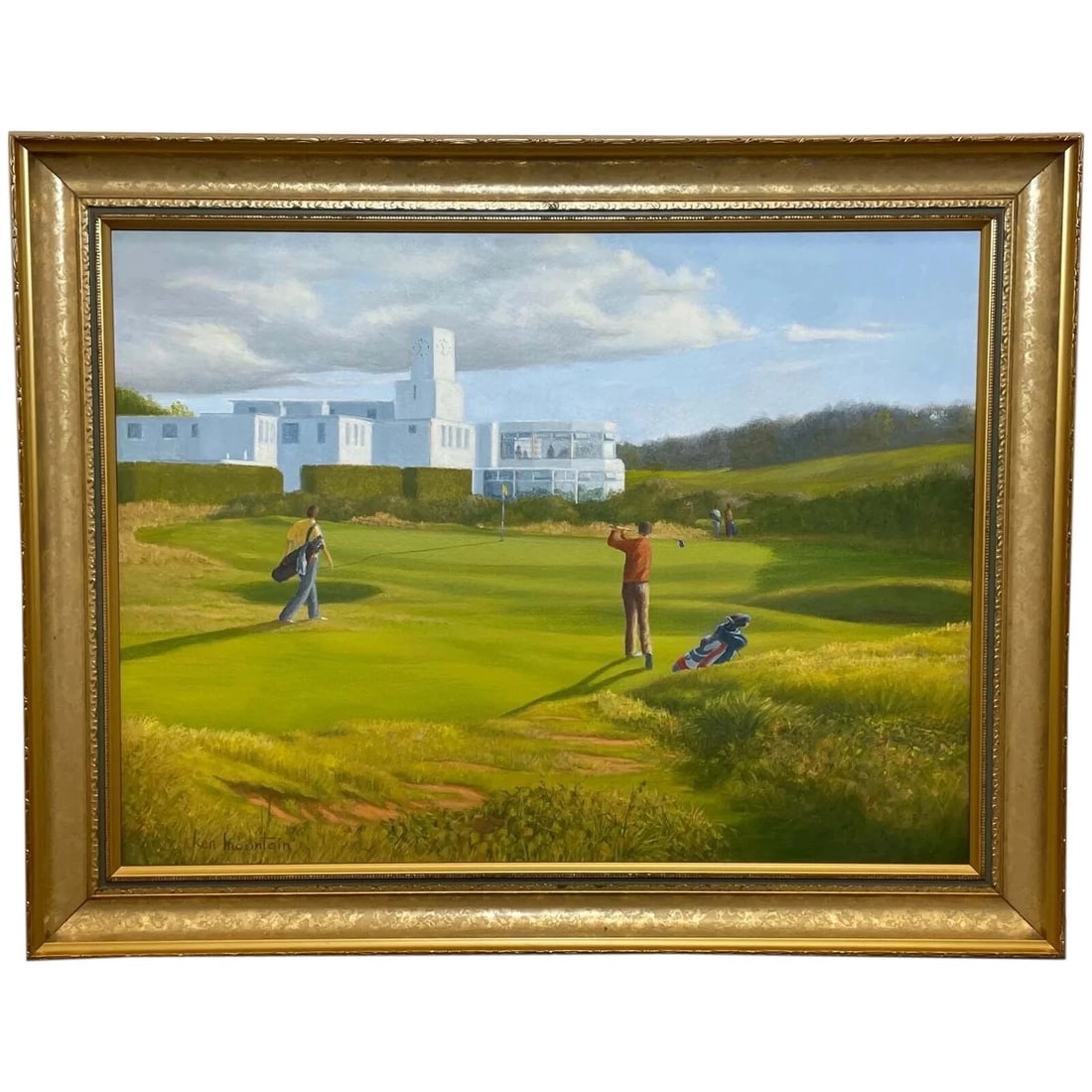 ENGLISH SPORTING OIL PAINTING GOLF PLAYERS AT ROYAL BIRKDALE SOUTHPORT: English Sporting Oil Painting Golf Players At Royal Birkdale Southport Year of Production: 2000's Type: Painting Time Period Produced: 2000-2009 Material: Oil on board Production Technique: Oil Pa