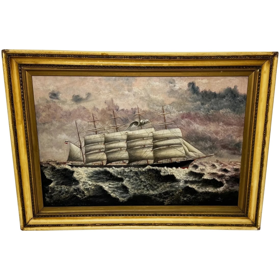 OIL PAINTING 5 MASTED STEEL HULL SAILING SHIP POTOSI NAVIGATING DRAKES PASSAGE: Oil Painting 5 Masted Steel Hull Sailing Ship Potosi Navigating Drakes Passage Year of Production: 1900 Type: Painting Time Period Produced: 1900-1924 Material: Canvas Production Technique: Oil Pa