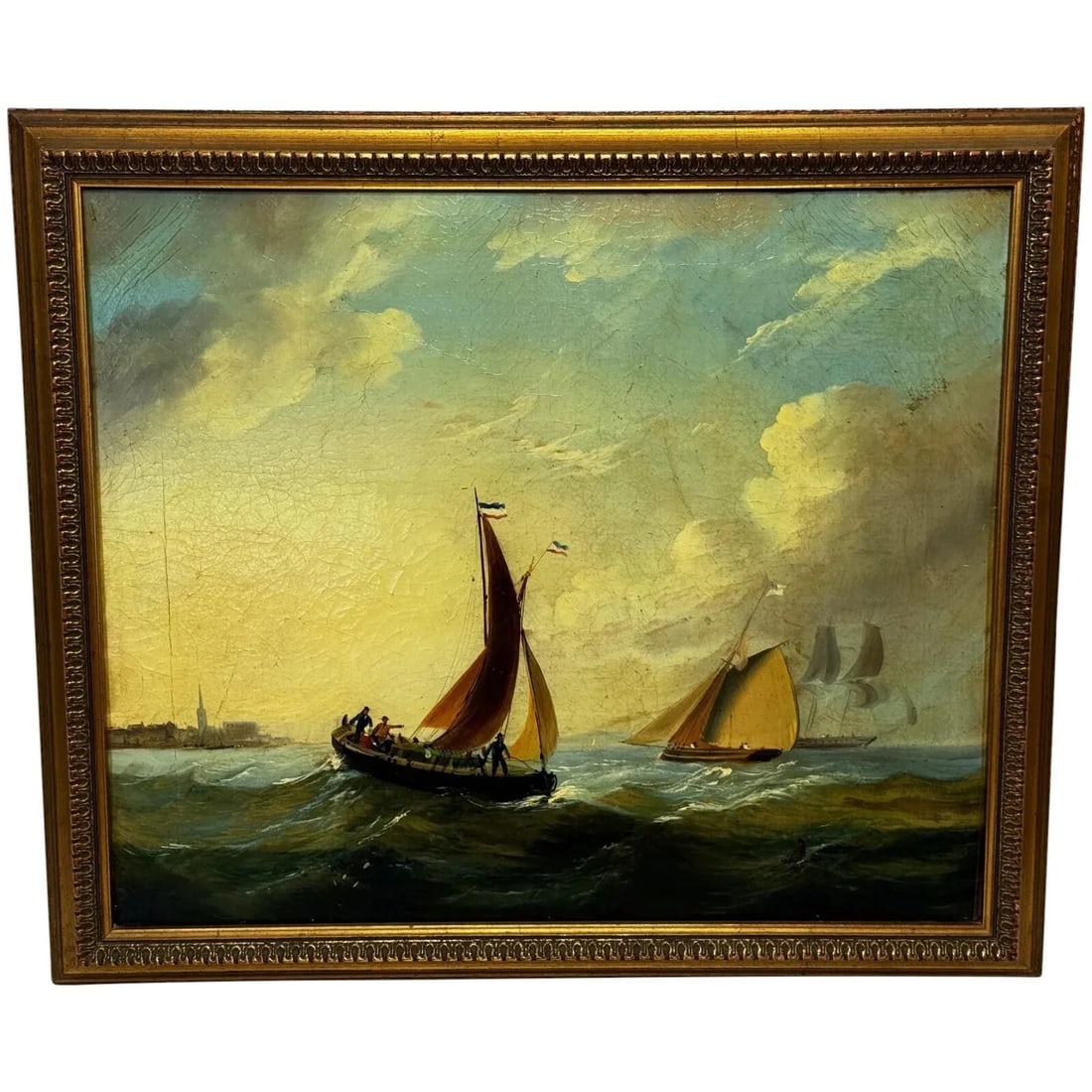 MARINE GEORGIAN EARLY 19TH CENTURY FRENCH FISHING BOAT OIL PAINTING: Marine Georgian Early 19th Century French Fishing Boat Oil Painting Year of Production: 1800 Type: Painting Time Period Produced: 1800-1849 Material: Canvas Production Technique: Oil Painting Siz