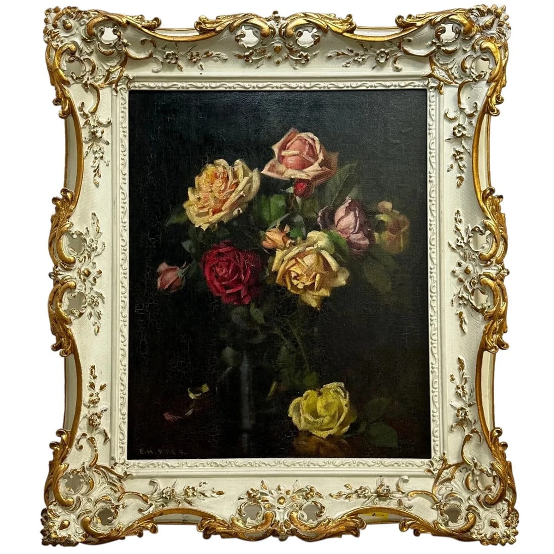 BRITISH OIL PAINTING STILL LIFE FLOWERS GARDEN ROSES (1 of 7)