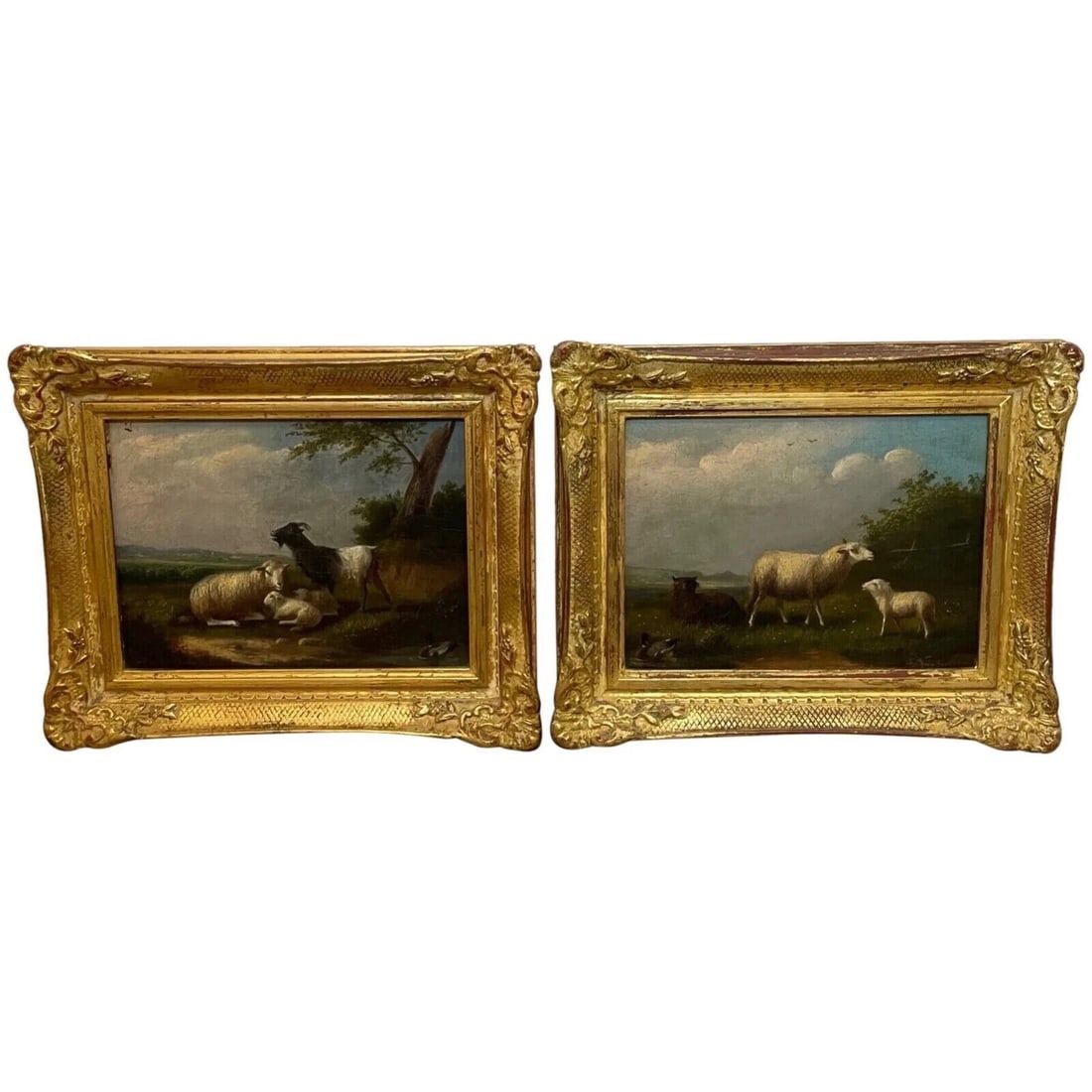 PAIR OIL PAINTINGS SHEEP LAMB GOAT CATTLE DUCKS GROUP (1 of 12)