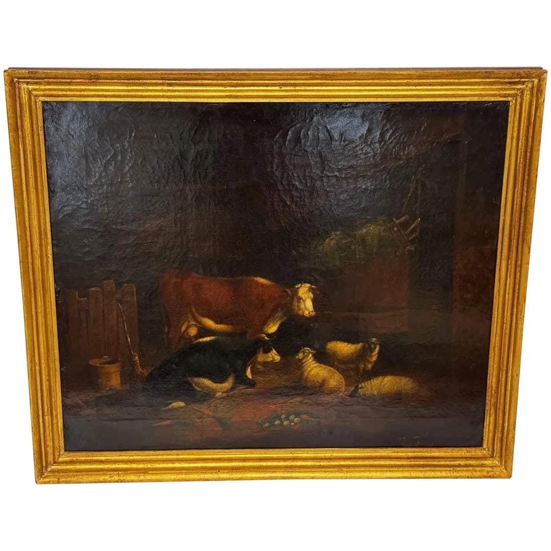 PAINTING COWS & SHEEP SHELTERING IN BARN FOLLOWER OF THOMAS SIDNEY COOPER OIL PAINTING: Painting Cows & Sheep Sheltering In Barn Follower of Thomas Sidney Cooper Oil Painting Year of Production: 1850 Type: Painting Time Period Produced: 1850-1899 Material: Canvas Production Technique