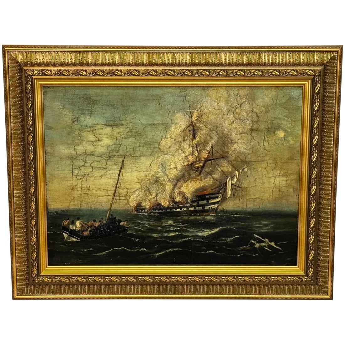 BURNING SINKING ON RIVER PLATE HMS BOMBAY SHIP OIL PAINTING: Burning Sinking On River Plate HMS Bombay Ship Oil Painting Year of Production: 1870 Type: Painting Time Period Produced: 1850-1899 Material: Canvas Production Technique: Oil Painting Size : Item