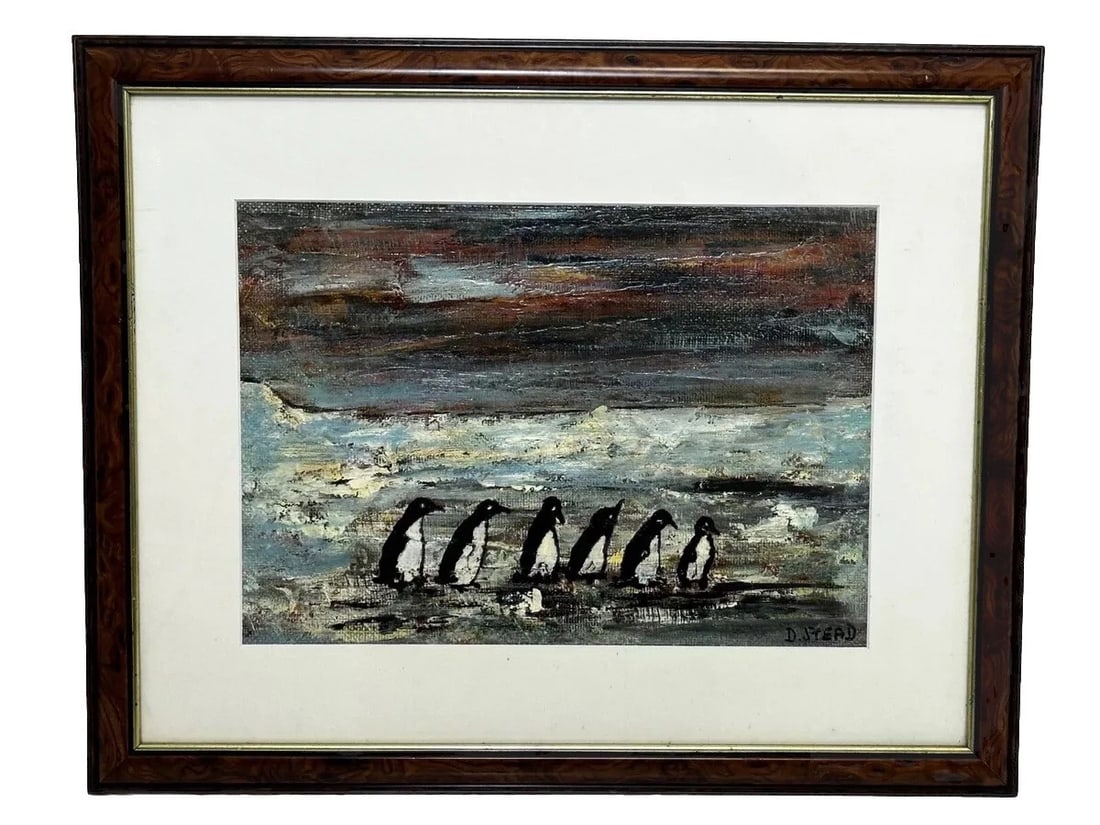 OIL PAINTING WINTER WADDLE GROUP BLACK & WHITE POLAR PENGUINS ANTARCTICA: Oil Painting Winter Waddle Group Black & White Polar Penguins Antarctica Year of Production: 1970's Type: Painting Time Period Produced: 1970-1979 Material: Oil on board Production Technique: Oil
