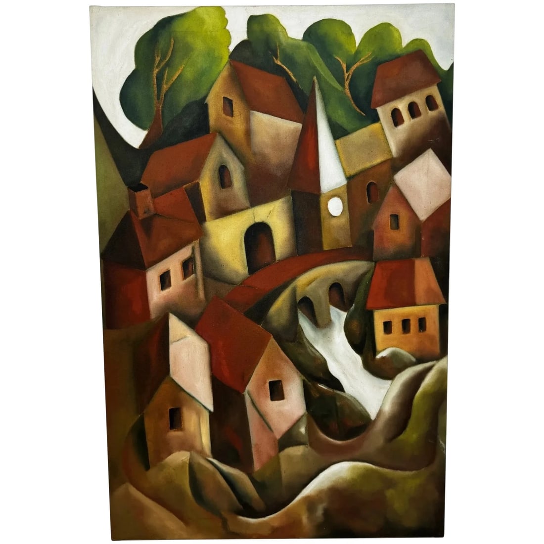 LARGE OIL PAINTING AFTER PICASSO CUBIST-INFLUENCED CASCADING HILLSIDE VILLAGE: Large Oil Painting After Picasso Cubist-Influenced Cascading Hillside Village Year of Production: 2002 Type: Painting Time Period Produced: 2000-2009 Material: Canvas Production Technique: Oil Pai