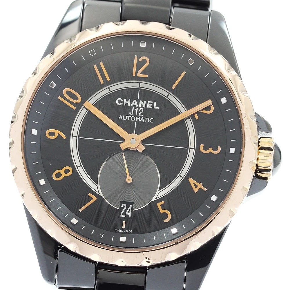 CHANEL J12 BLACK WATCH: CHANEL J12 black Watch Brand: CHANEL Type: Wristwatch Material: Band Material ceramic, Case Material Ceramic / 18K Pink Gold Color: Band Color black, Dial Color black, Case Color Black / pink