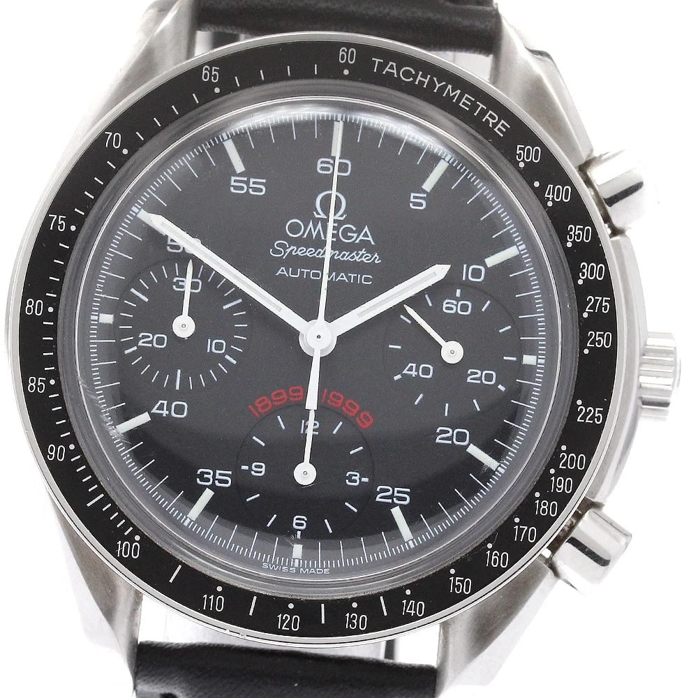 OMEGA SPEEDMASTER WATCH: OMEGA Speedmaster Watch Brand: OMEGA Type: Wristwatch Material: Band Material leather, Case Material Stainless Steel Color: Band Color black, Dial Color black, Case Color Silver Size: Case