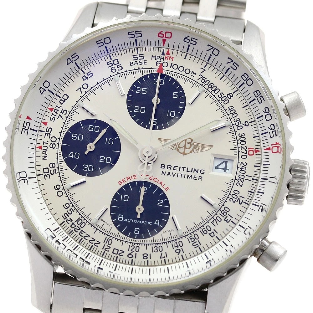 BREITLING NAVITIMER CHRONOGRAPH WATCH: BREITLING Navitimer Chronograph Watch Brand: BREITLING Type: Wristwatch Material: Band Material Stainless Steel, Case Material Stainless Steel Color: Band Color Silver, Dial Color Silver / Black, C