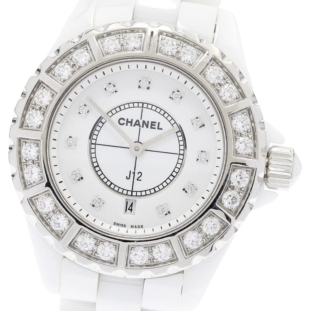 CHANEL J12 WHITE CERAMIC DIAMOND BEZEL WATCH: CHANEL J12 White Ceramic Diamond Bezel Watch Brand: CHANEL Type: Wristwatch Material: Band Material Stainless Steel / ceramic, Case Material Stainless Steel / ceramic Color: Band Color White /