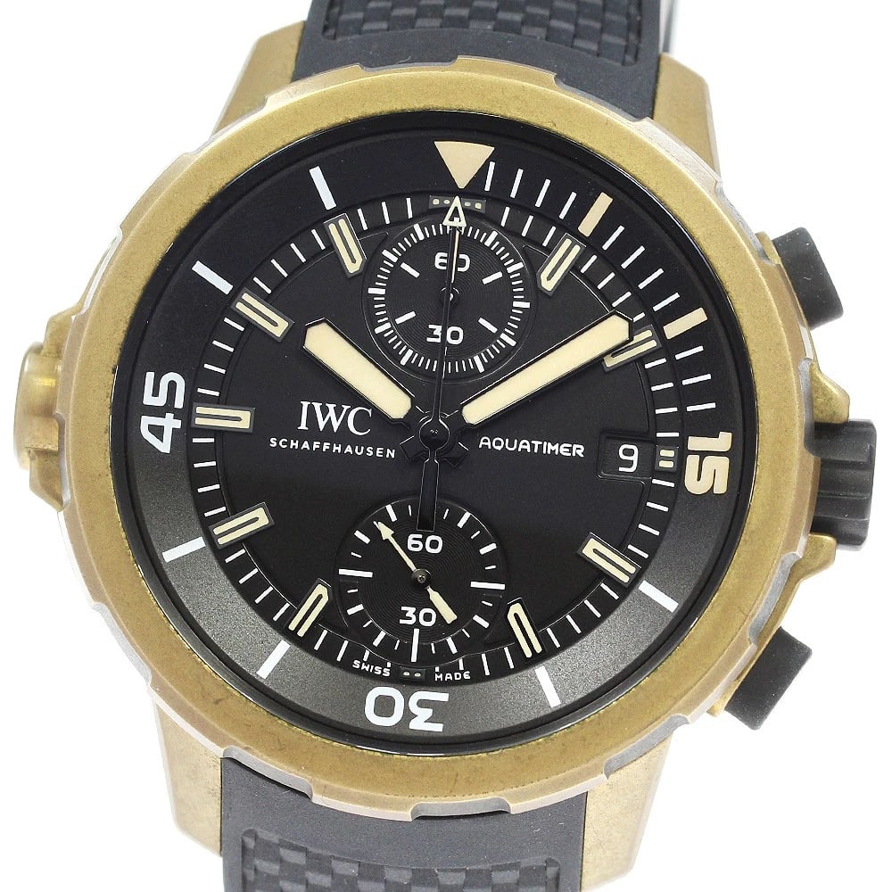 IWC SCHAFFHAUSEN AQUATIMER WATCH: IWC SCHAFFHAUSEN Aquatimer Watch Brand: IWC SCHAFFHAUSEN Type: Wristwatch Material: Band Material rubber, Case Material bronze Color: Band Color black, Dial Color black, Case Color gold Size: Case