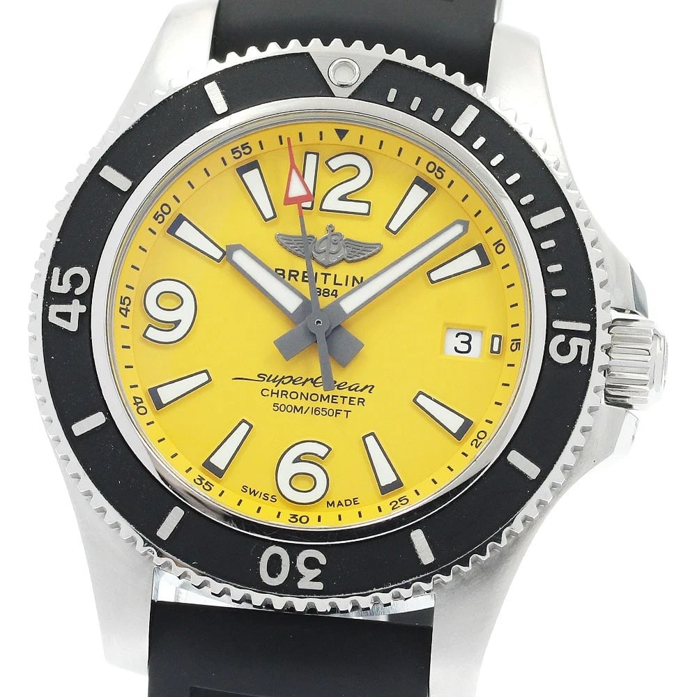 BREITLING SUPER OCEAN YELLOW WATCH: BREITLING Super Ocean yellow Watch Brand: BREITLING Type: Wristwatch Material: Band Material rubber, Case Material Stainless Steel Color: Band Color black, Dial Color yellow, Case Color Silver 